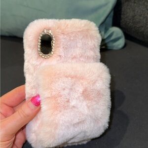 Plush Pink Faux Fur Phone Case with Rhinestone Camera Accent